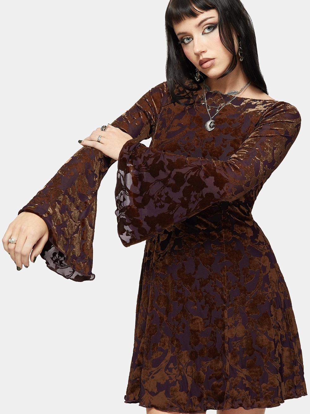 Disturbia Brown Velvet Burnout Floral Long Sleeve Dress